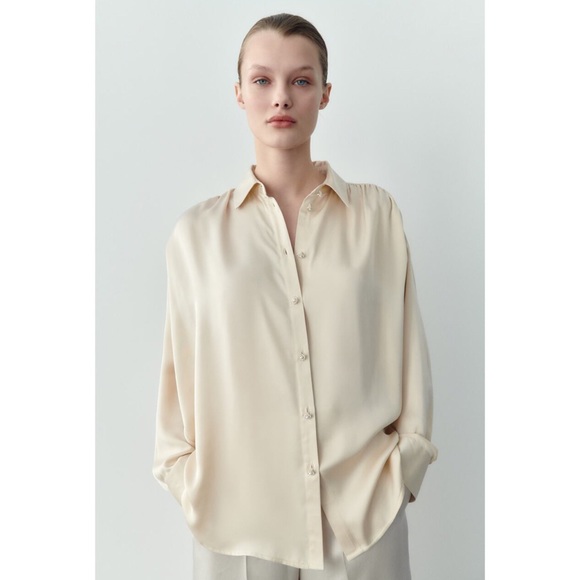 Zara Tops - Zara Satin Rhinestone Jewel Button Down Oversized Shirt Blouse Cream S